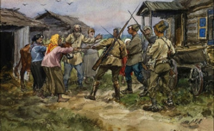 Большевики реквизируют имущество у крестьян во время Гражданской войны. Картина художника Ивана Владимирова