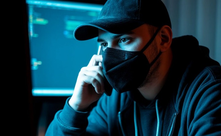 Мужчина в маске с телефоном. Фото для иллюстрации пресс-службы регионального МВД