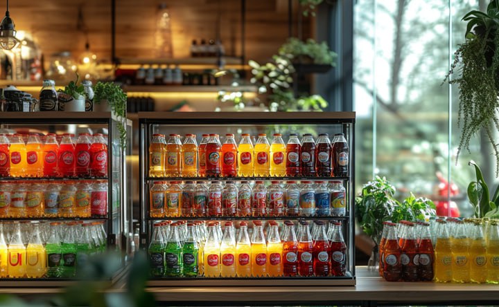 Газировка на витрине магазина. Фото сгенерировано нейросетью Midjourney
