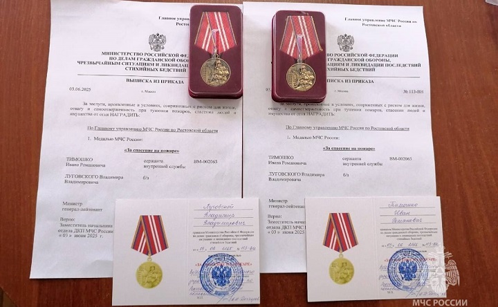 Медали МЧС России «За спасение на пожаре» и наградные листы. Фото пресс-службы МЧС по Ростовской области