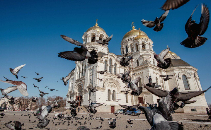 Голуби взлетают на площади у Вознесенского собора в Новочеркасске. Фото Виктории Громовой