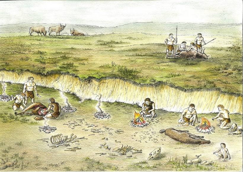 Реконструкция стоянки неандертальцев Рожок I на берегу Таганрогского залива. Автор рисунка Андрей Вербовский