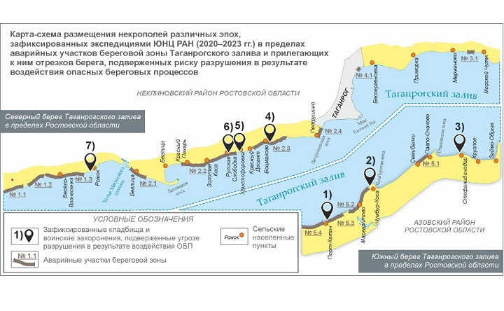Карта расположения старинных некрополей в зоне аварийных участков береговой линии Таганрогского залива. Фото ЮНЦ РАН.